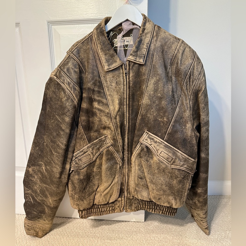 Men's Vintage Leather Bomber Jacket - Brown, Size 42